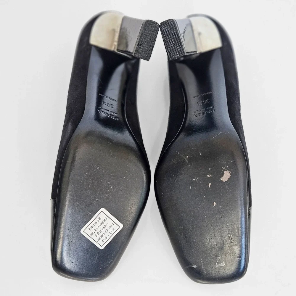 Prada Black Suede Patent Leather Square Toe‎ Block Heel Pumps Silver Accent 36.5